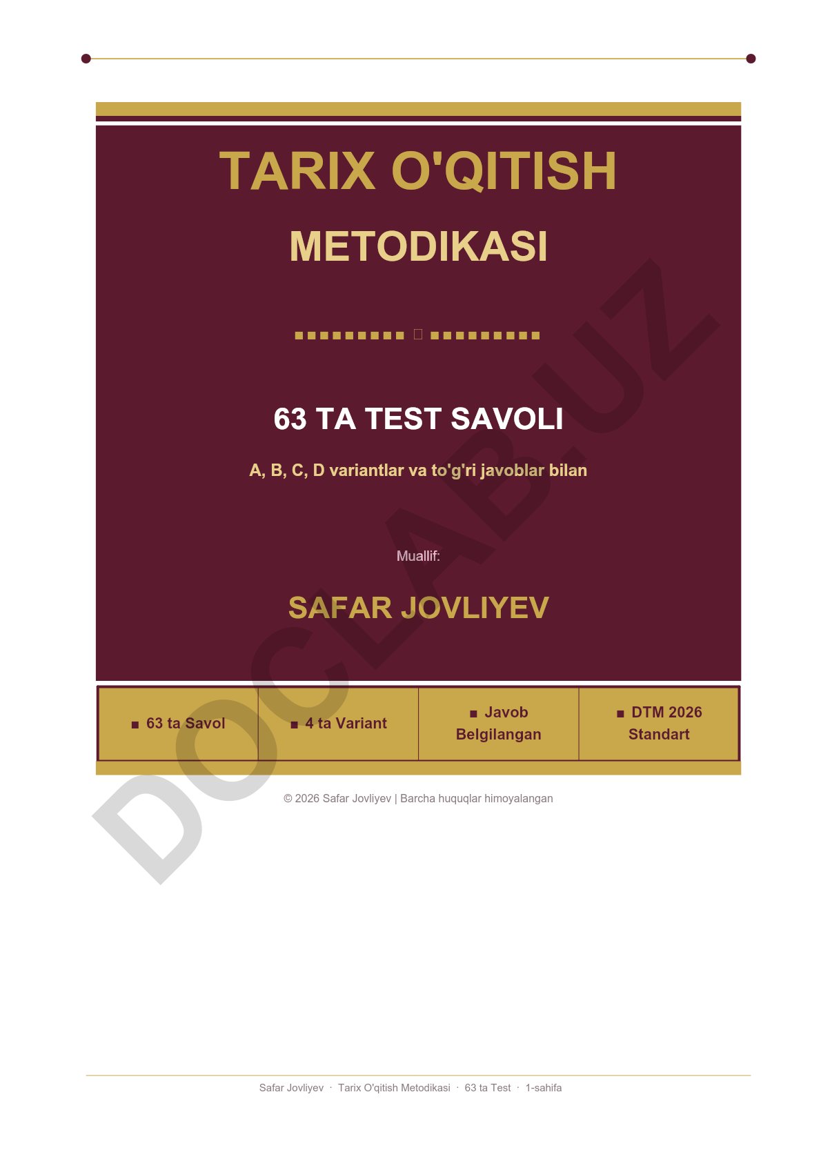 Tarix o'qitish metodikasi test savollari