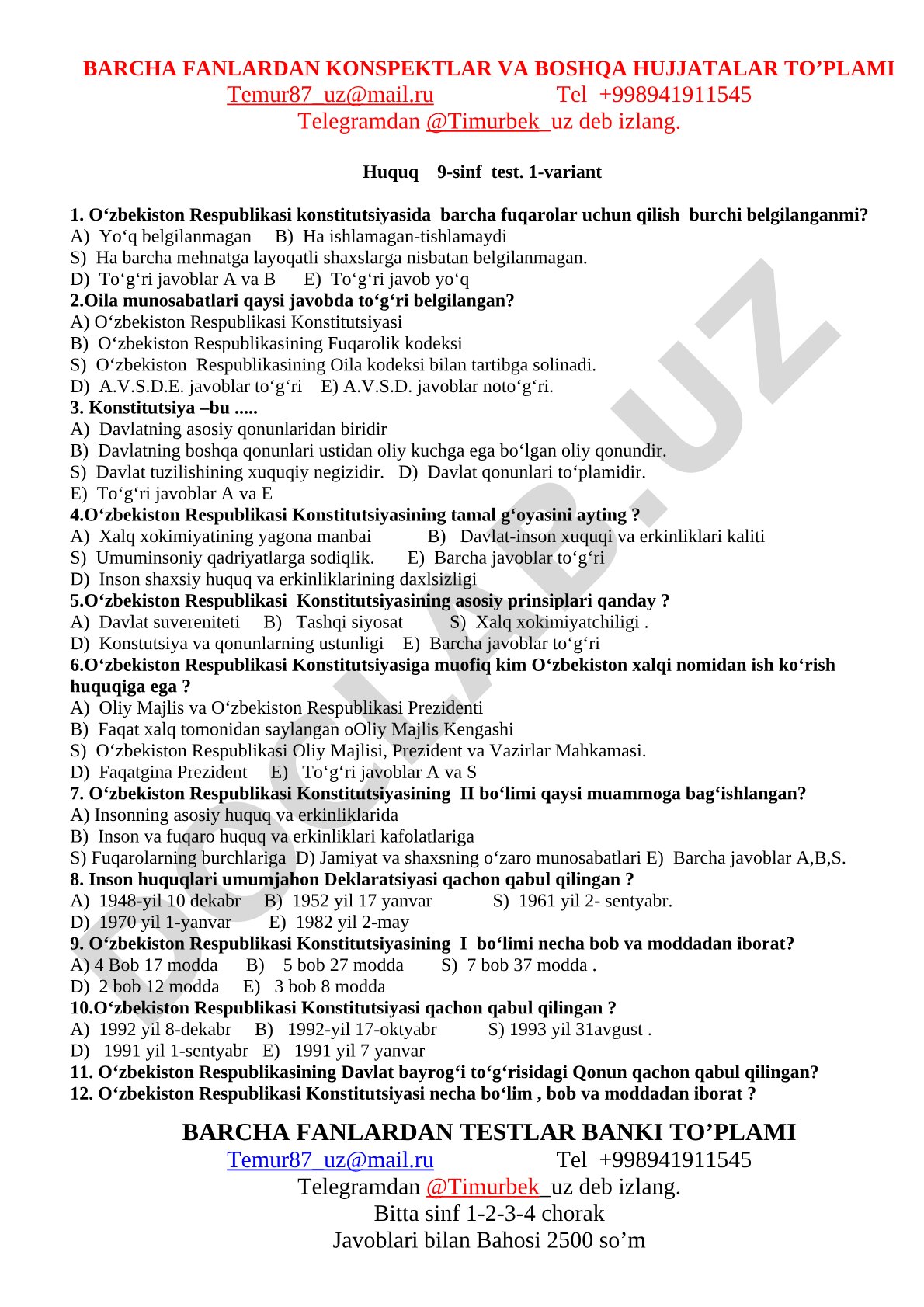Huquq 9-sinf test 1-variant