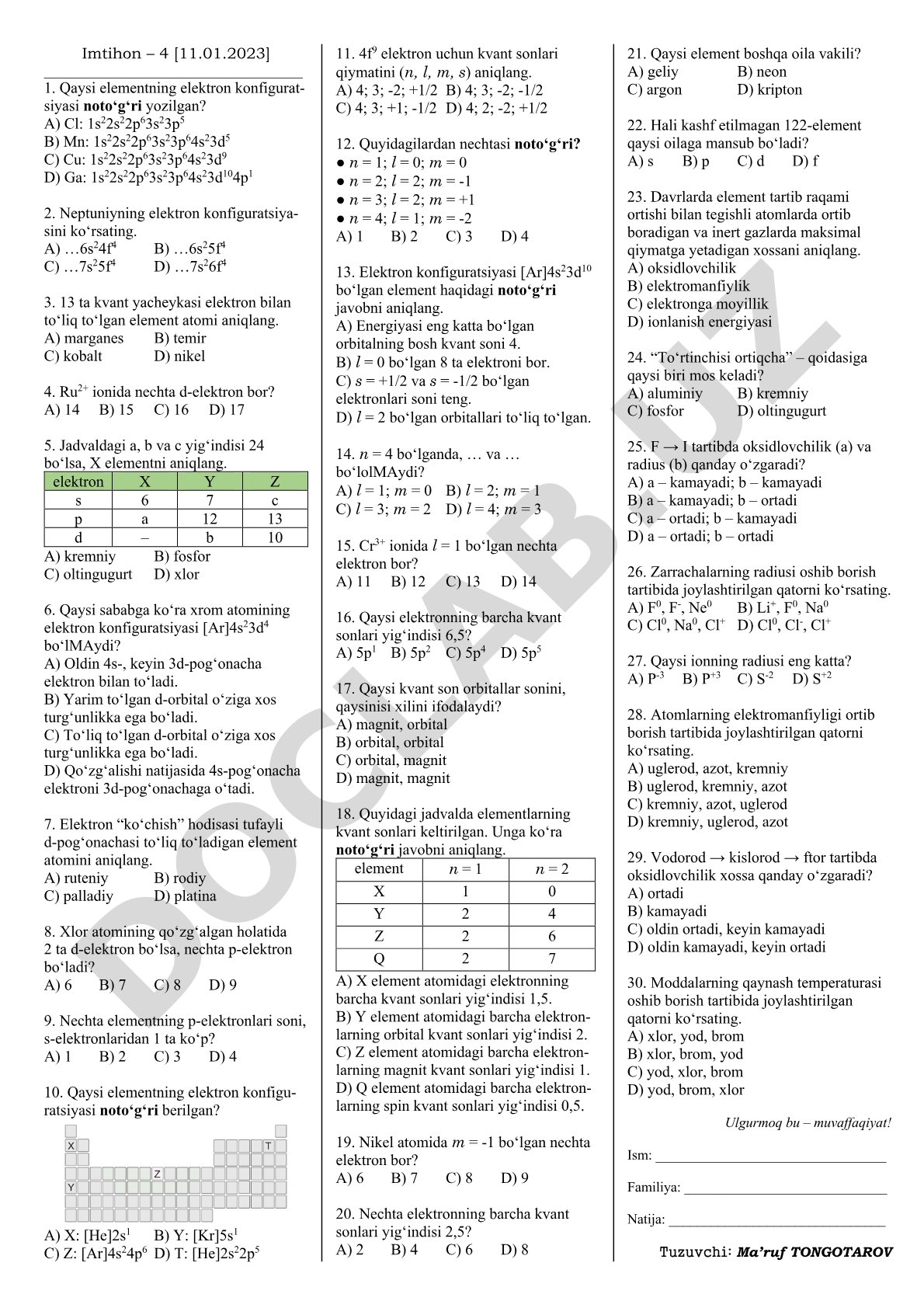 Elektron konfiguratsiyaga oid test savollari