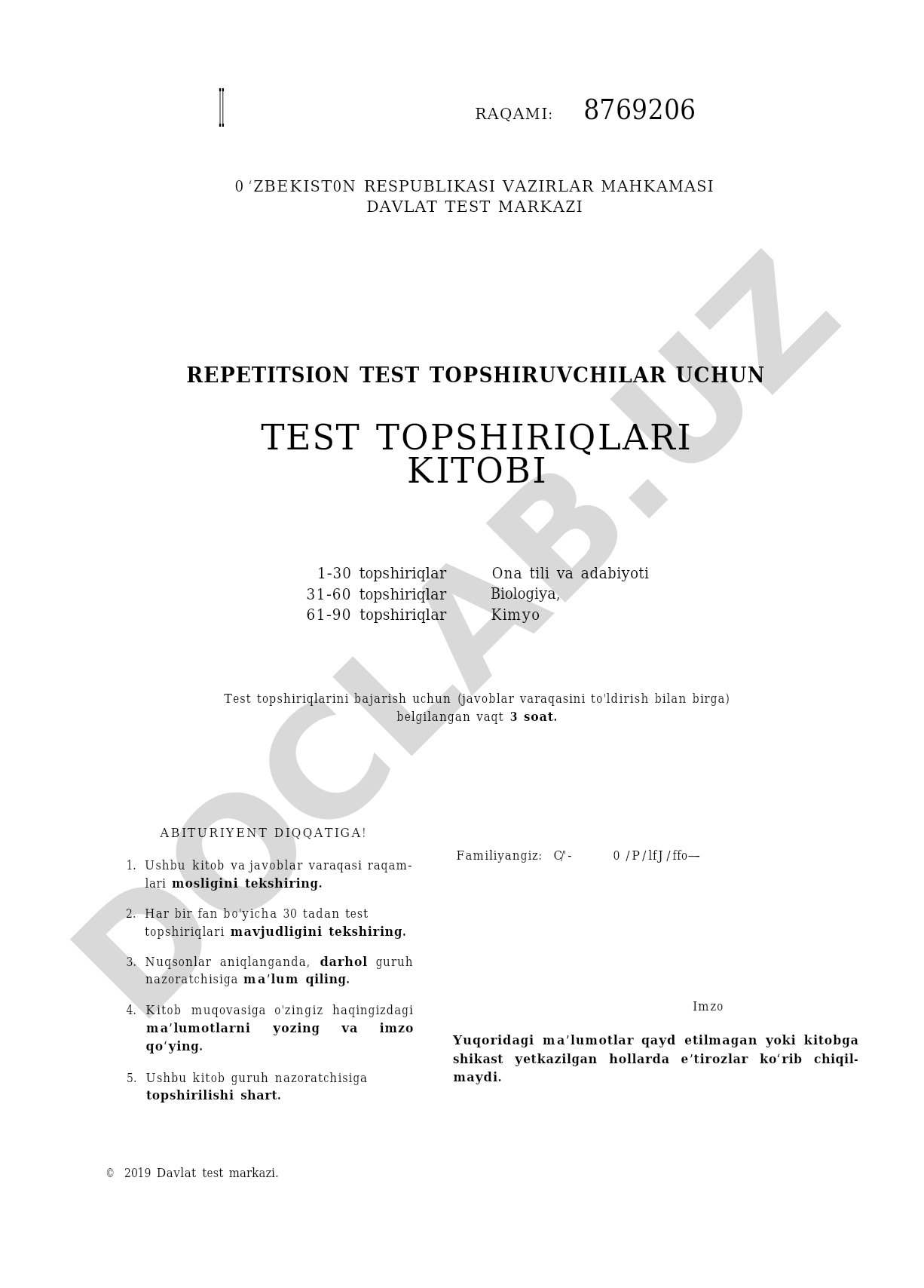 Repetitsion test topshiriqlari kitobi (1-90 topshiriqlar)
