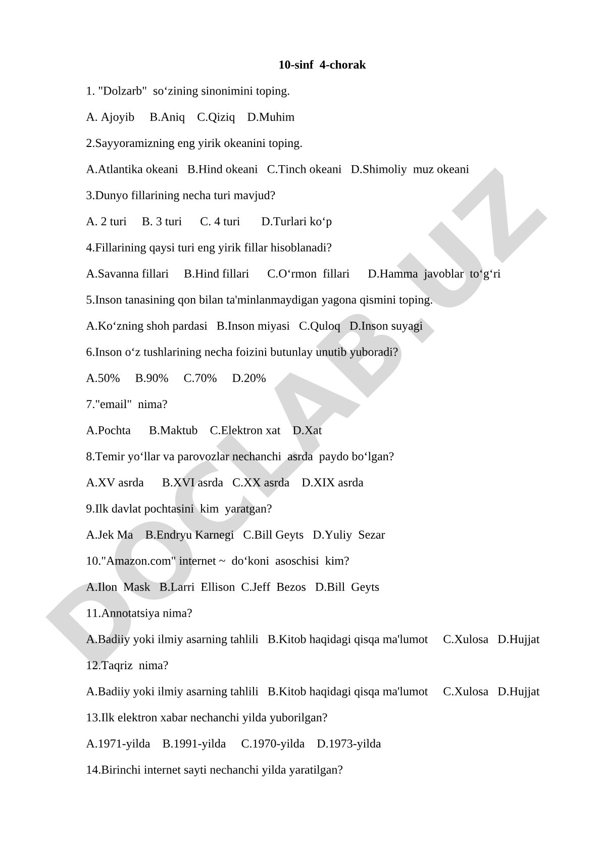10-sinf 4-chorak test savollari