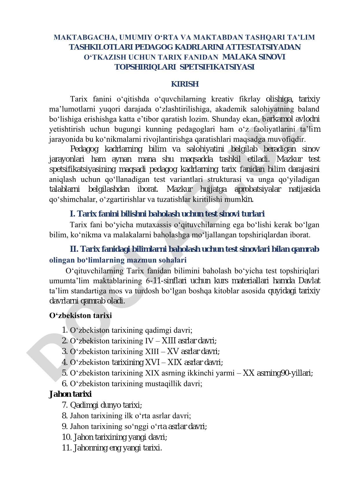 Tarix fanidan malaka sinovi topshiriqlari spetsifikatsiyasi