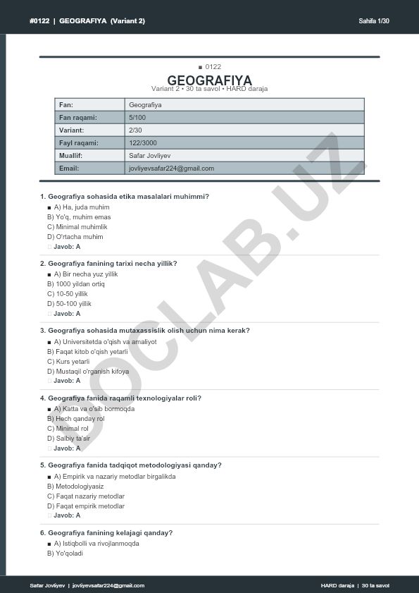 Geografiya fanidan test savollari (Variant 2)