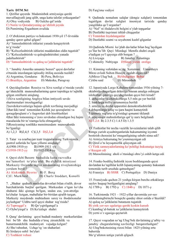 Tarix fanidan test savollari