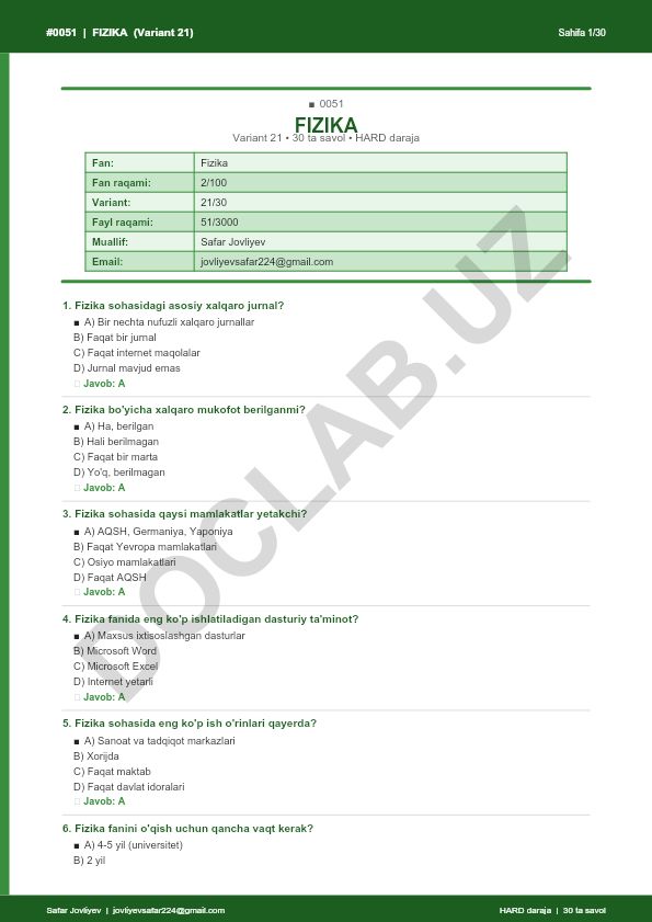 Fizika fanidan 30 ta savolli test (Variant 21)