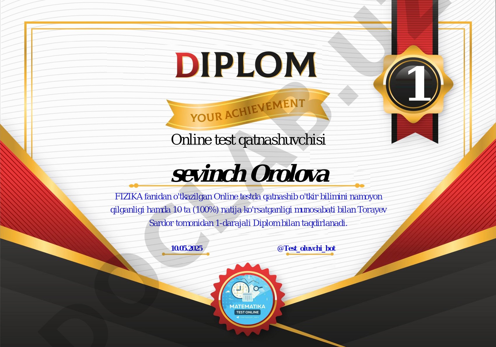 Online test qatnashuvchilarini fizika fanidan diplom bilan taqdirlash
