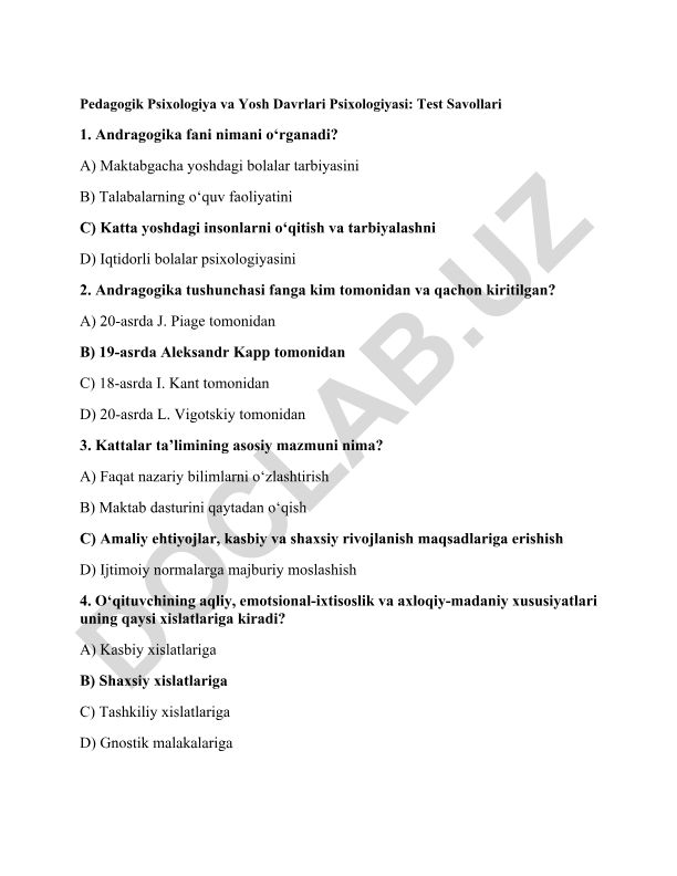 Pedagogik Psixologiya va Yosh Davrlari Psixologiyasi: Test Savollari