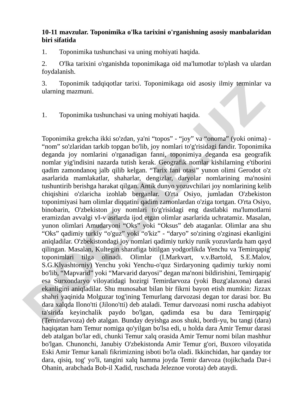 Toponimika tushunchasi va uning mohiyati