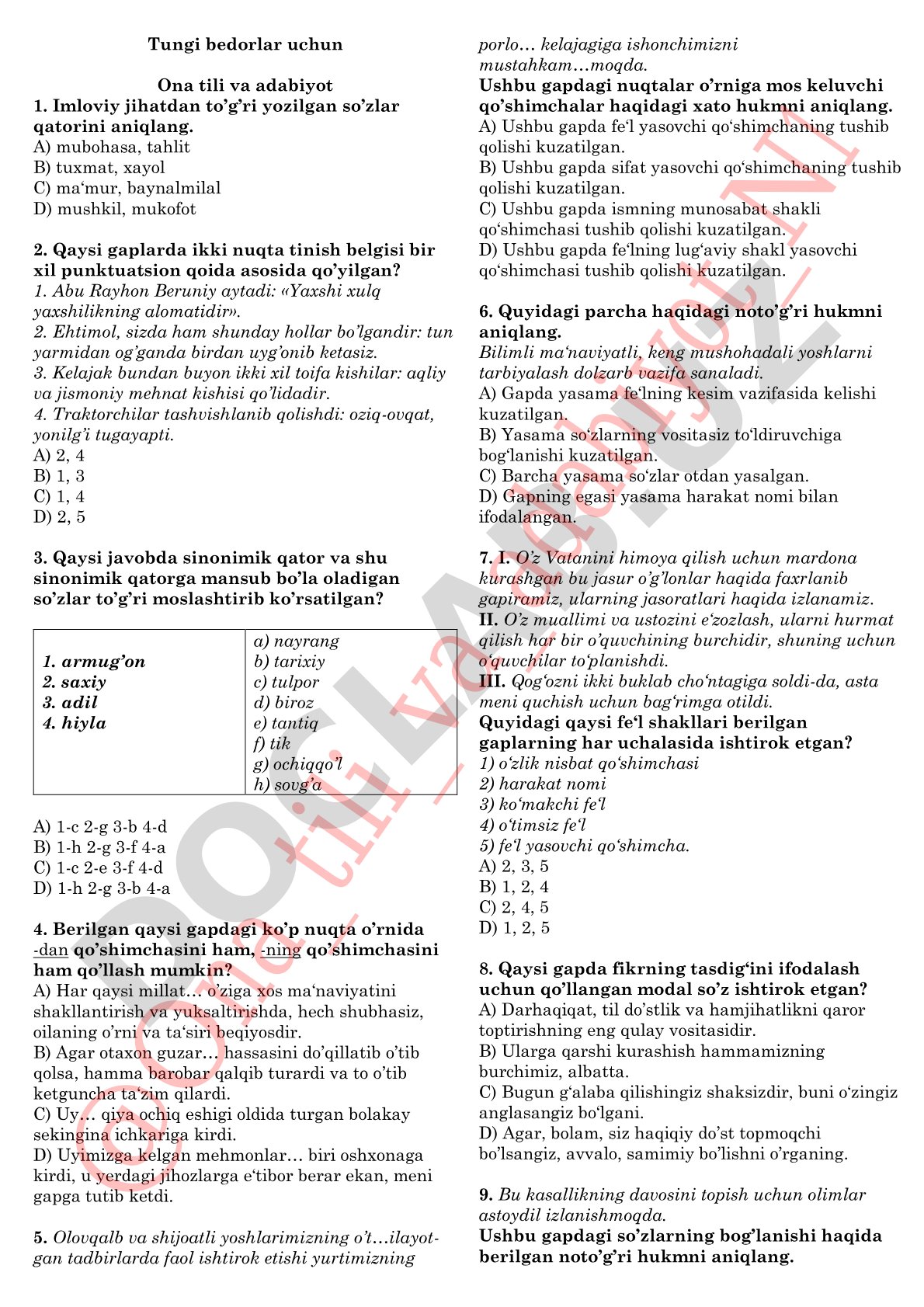 Ona tili va adabiyot test savollari