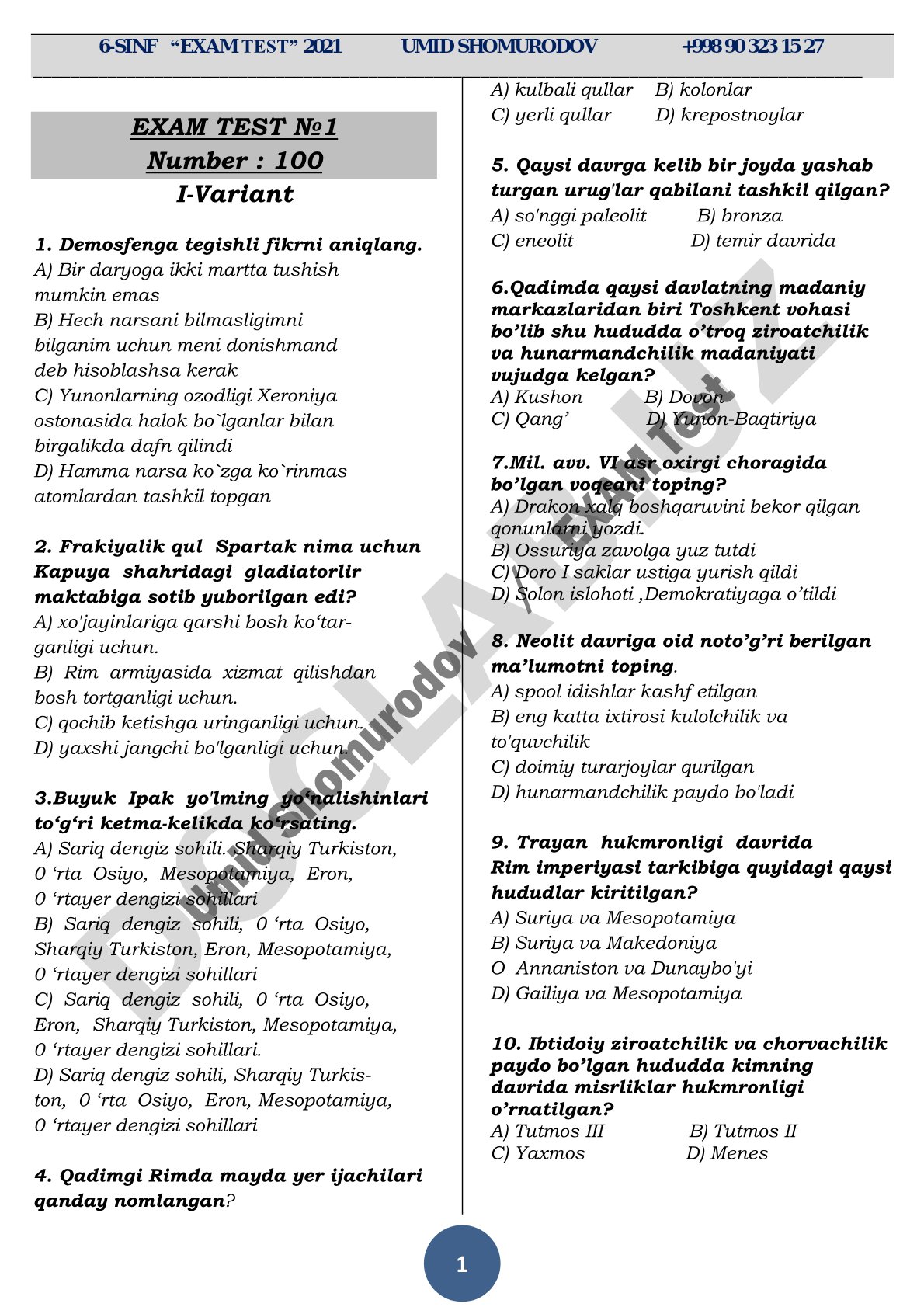 6-sinf exam test 2021