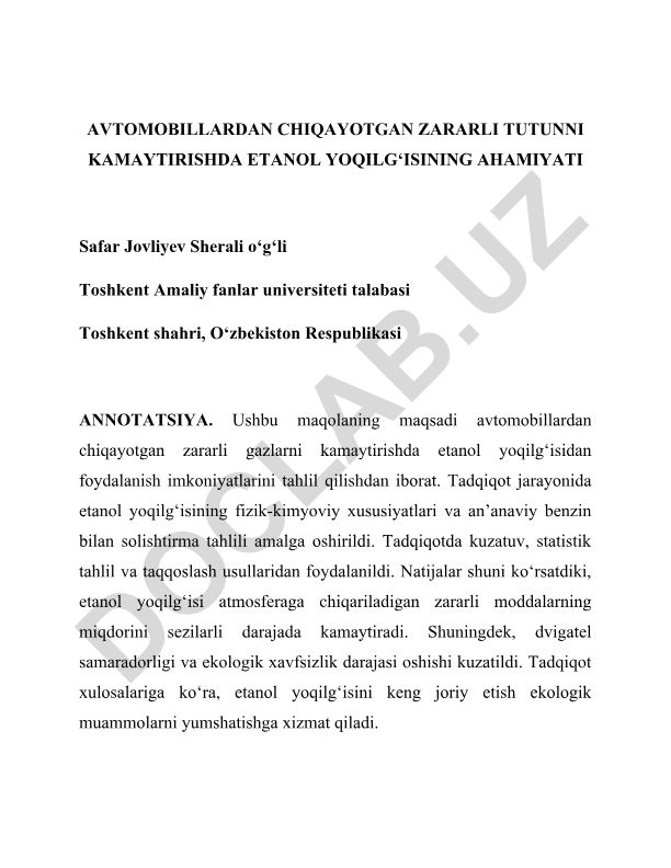 Avtomobillardan chiqayotgan zararli tutunni kamaytirishda etanol yoqilg'isining ahamiyati