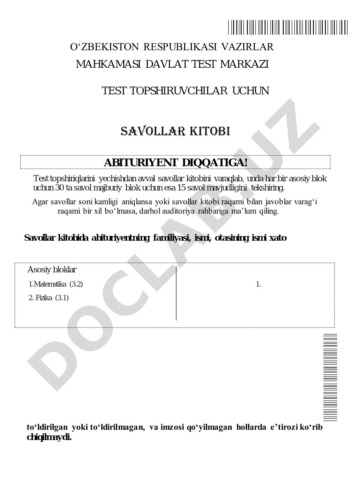 Test topshiruvchilar uchun savollar kitobi