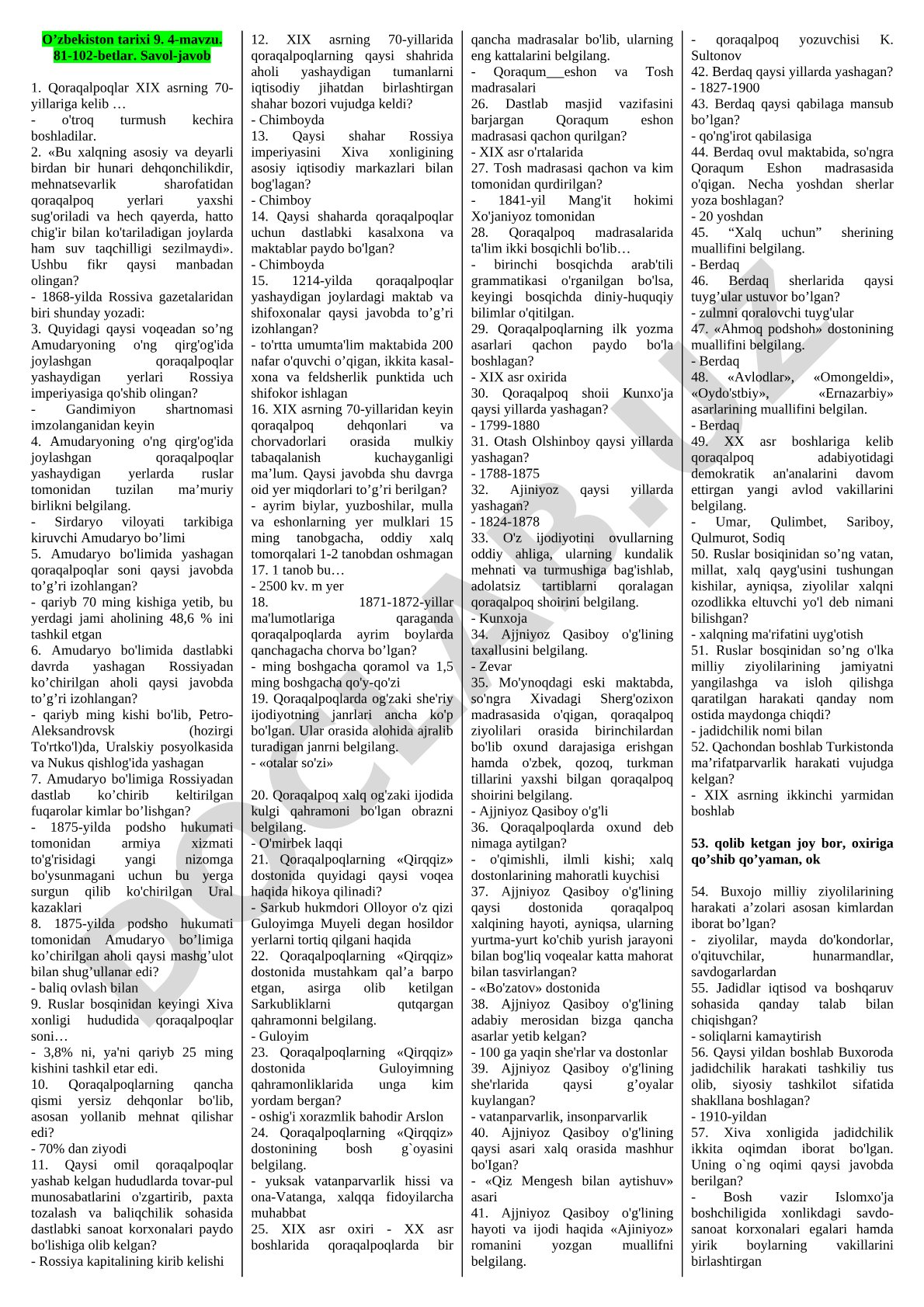 Qoraqalpoqlar XIX asrda: tarixiy savol-javob