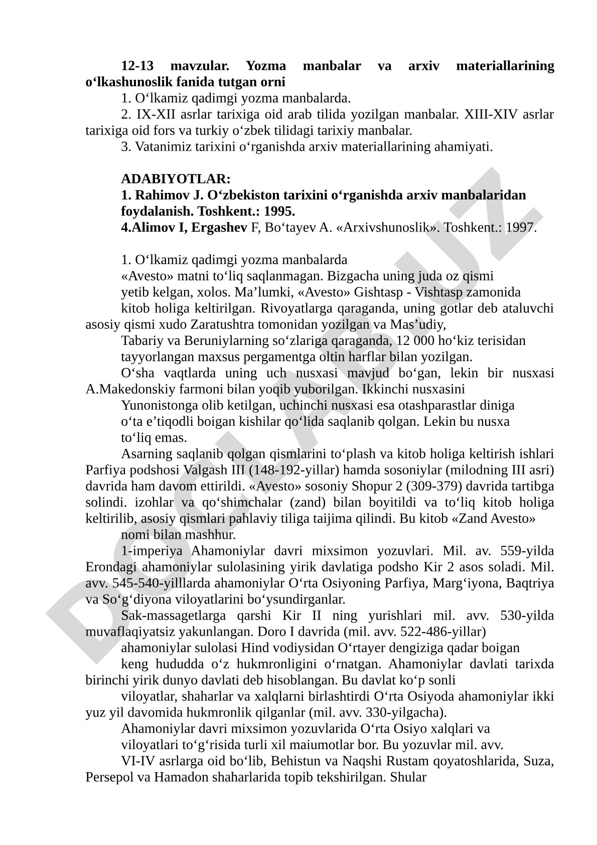 O‘lkamiz qadimgi yozma manbalarda va arxiv materiallarining o‘lkashunoslik fanida tutgan o‘rni