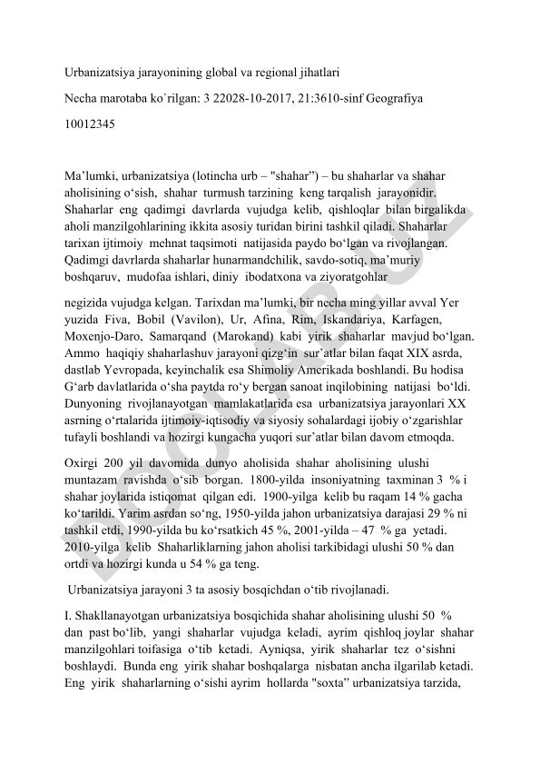 Urbanizatsiya jarayonining global va regional jihatlari