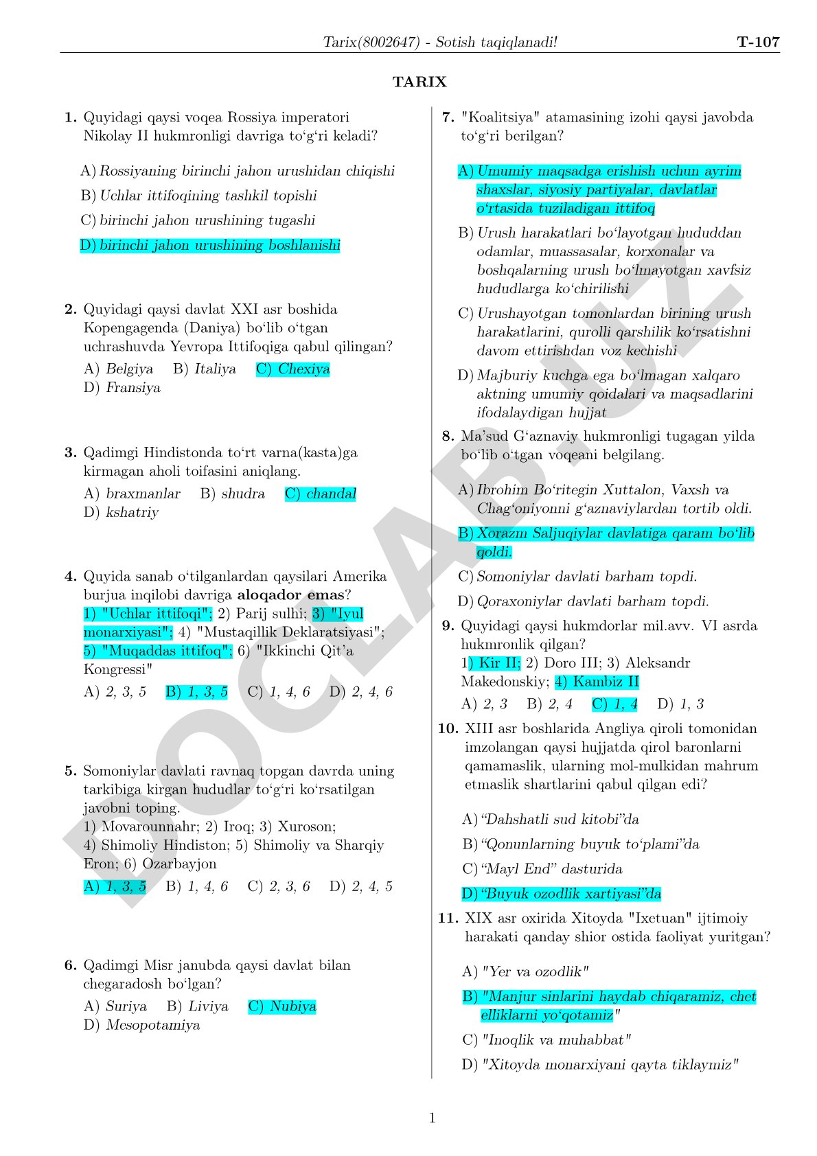 Tarix fanidan test savollari