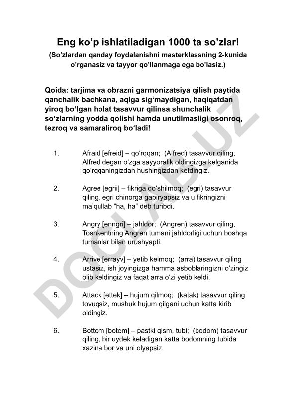 Ingliz tilidagi eng ko'p ishlatiladigan 1000 ta so'zni o'rganish usullari