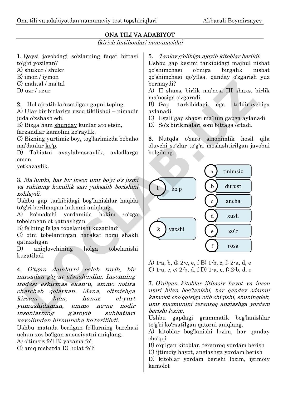 Ona tili va adabiyotdan namunaviy test topshiriqlari