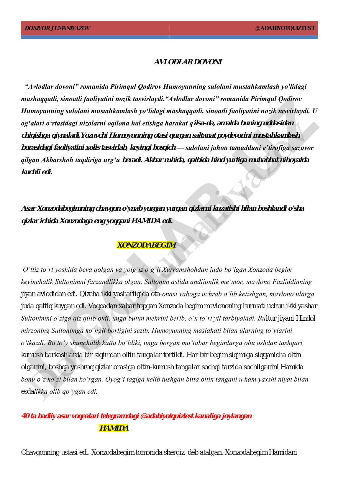 Avlodlar dovoni romanida Humoyun va Akbarshoh faoliyati