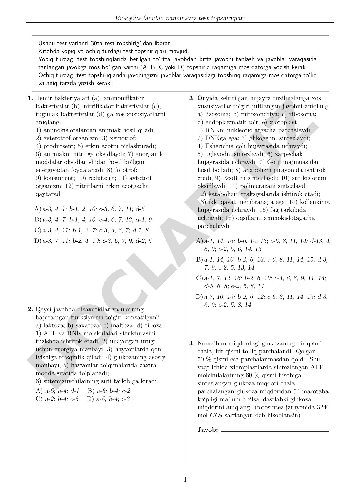 Biologiya fanidan namunaviy test topshiriqlari