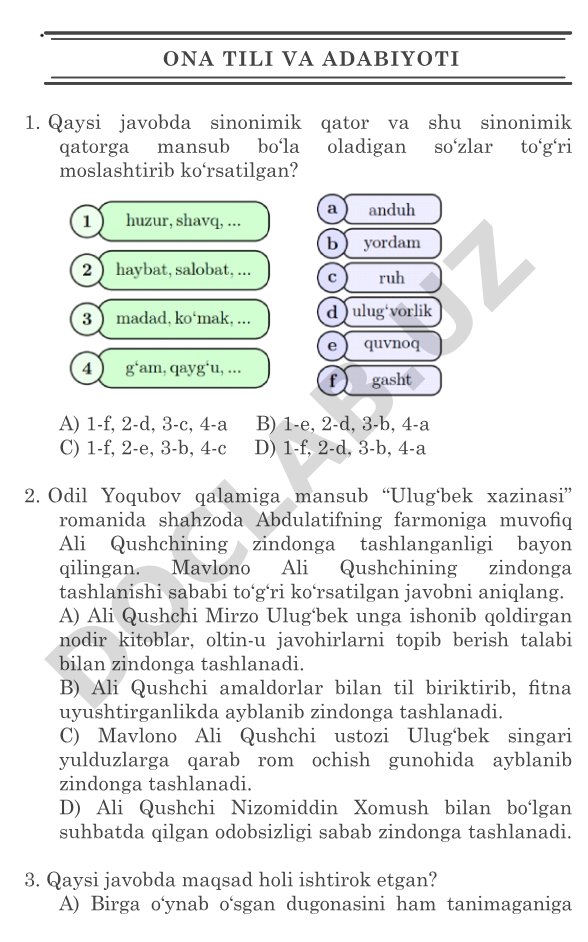 Ona tili va adabiyoti test savollari