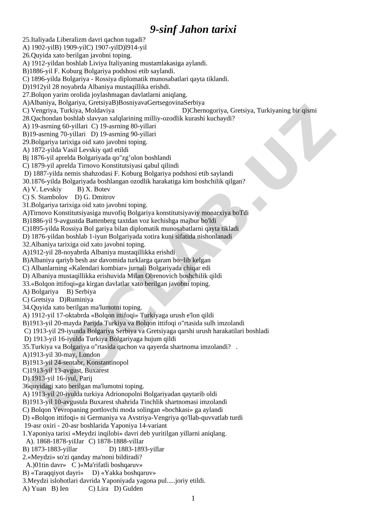 9-sinf Jahon tarixi test savollari