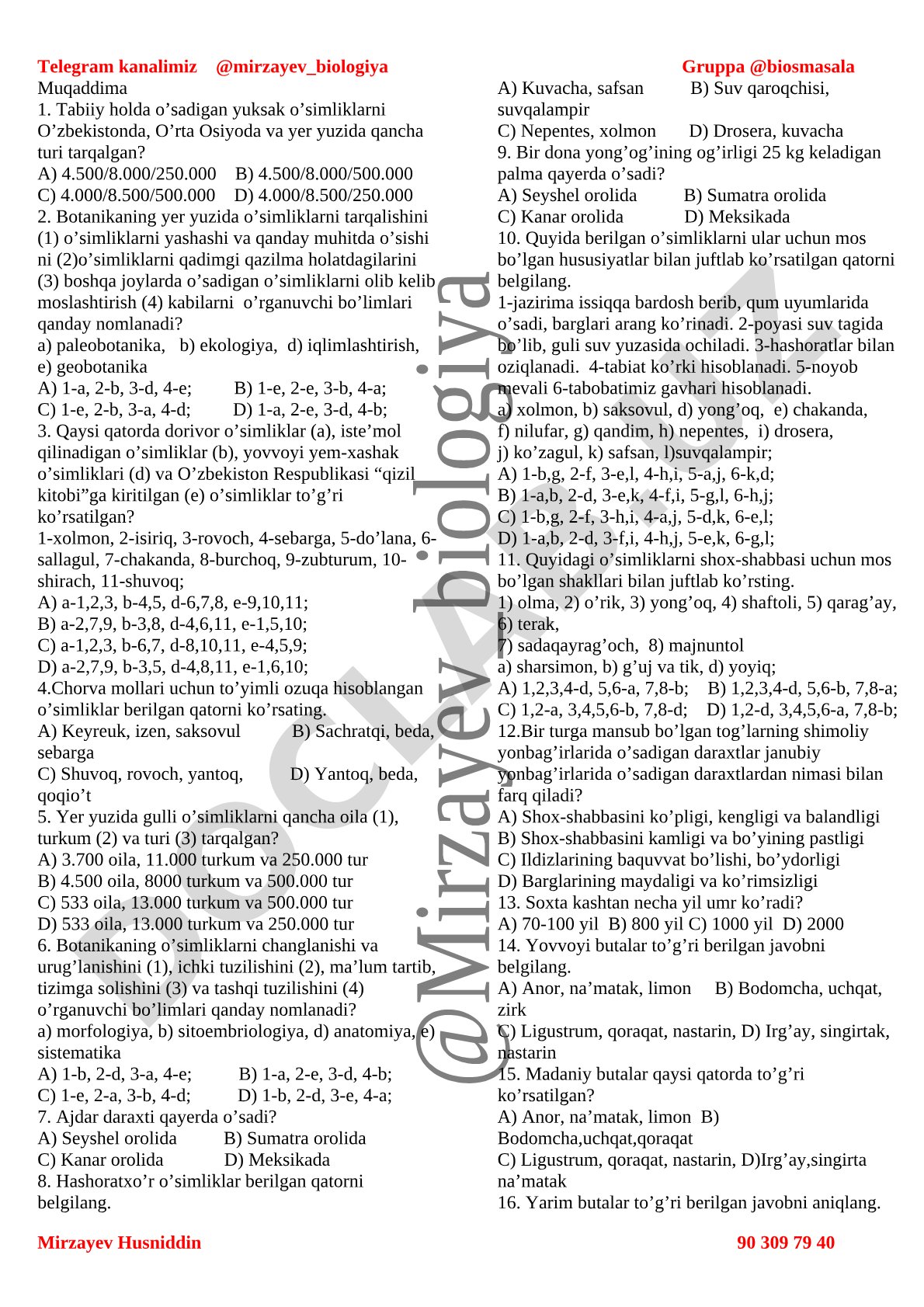 Botanika fanidan test savollari
