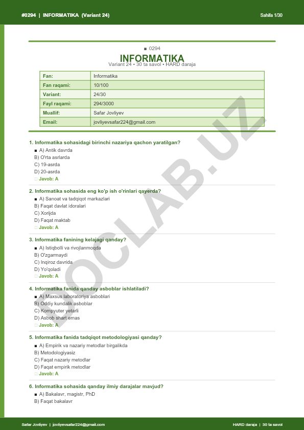 Informatika fanidan 30 ta savol to'plami (Variant 24)