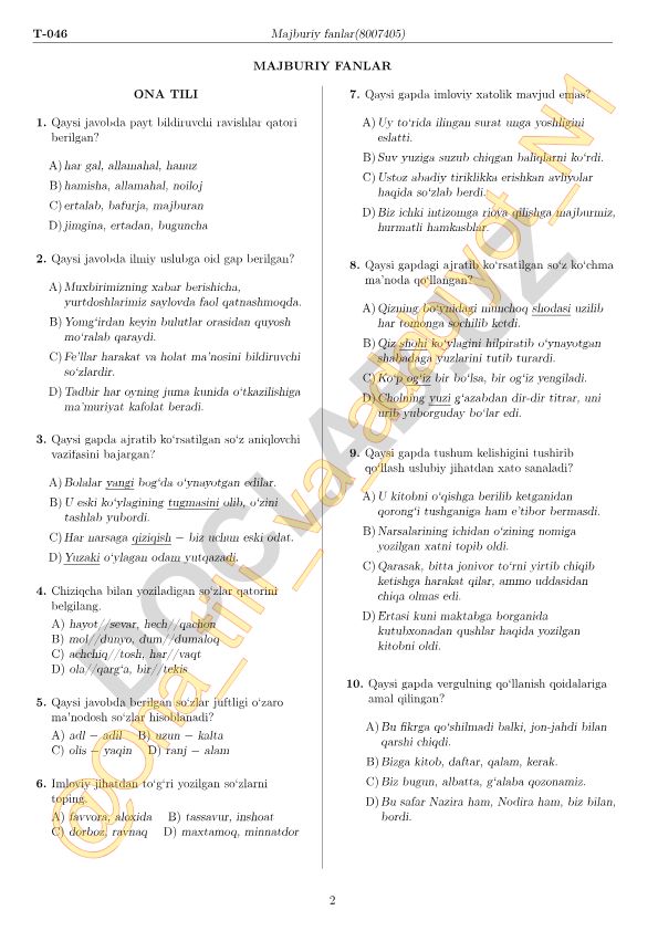 Ona tili fanidan test savollari