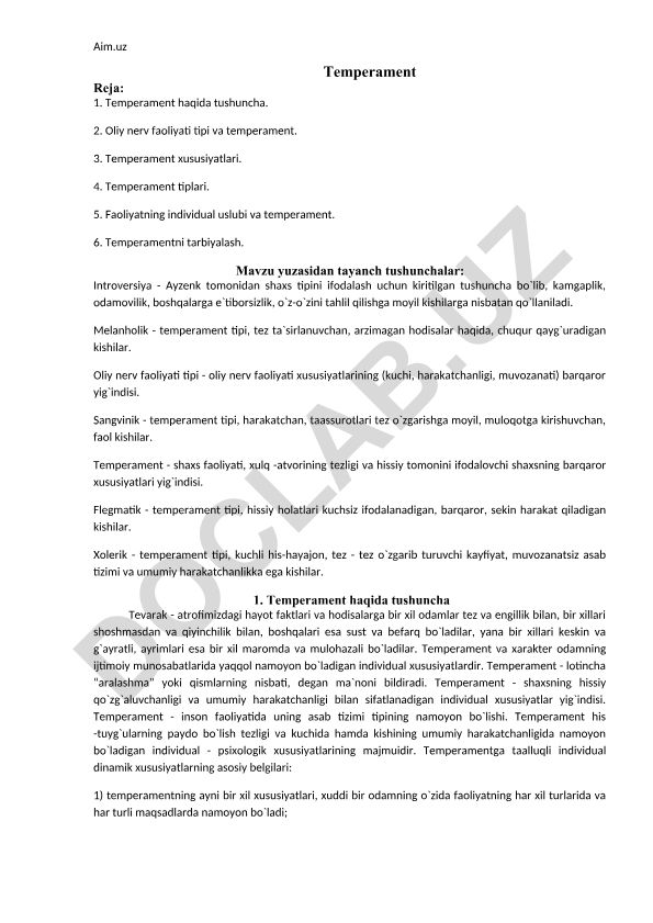 Temperament haqida tushuncha, tiplari va xususiyatlari