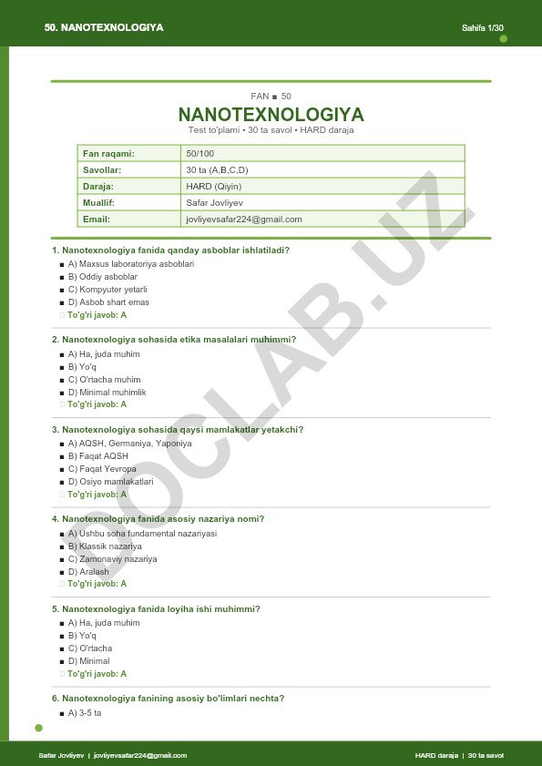 Nanotexnologiya fanidan test to'plami