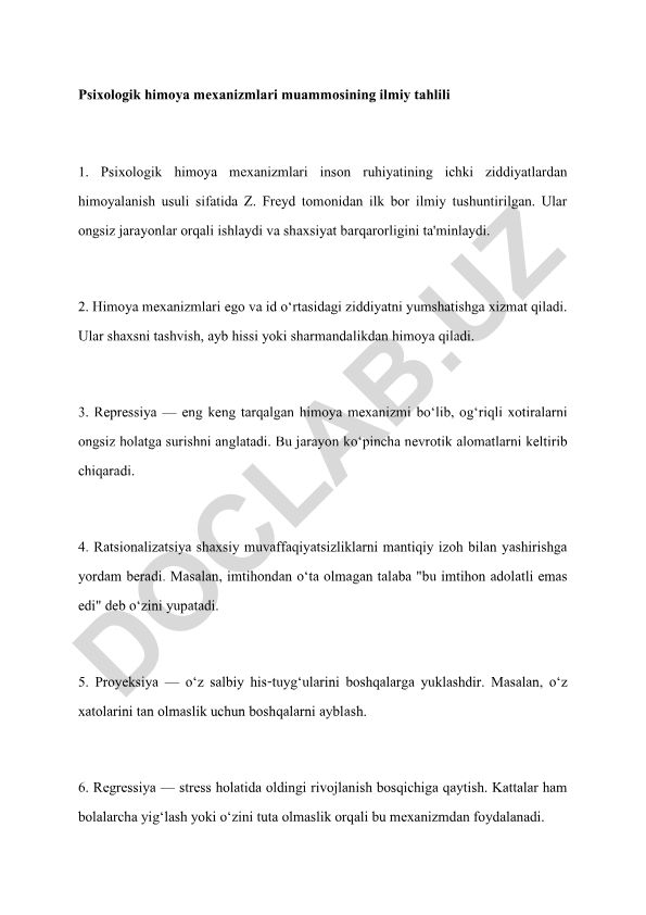 Psixologik himoya mexanizmlari muammosining ilmiy tahlili