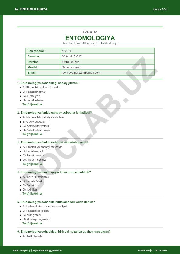 Entomologiya fanidan test to'plami