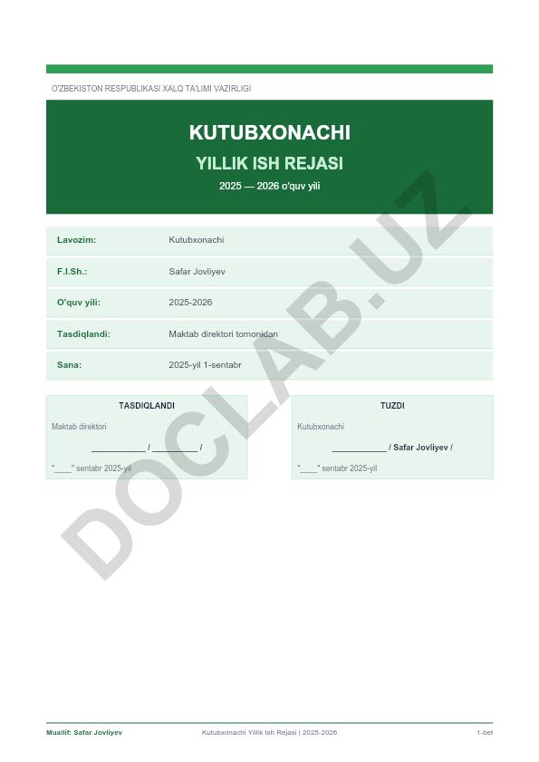 Kutubxonachi yillik ish rejasi 2025-2026 o'quv yili