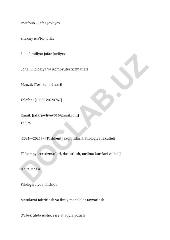 Jafar Jovliyevning filologiya va kompyuter xizmatlari portfoliyasi