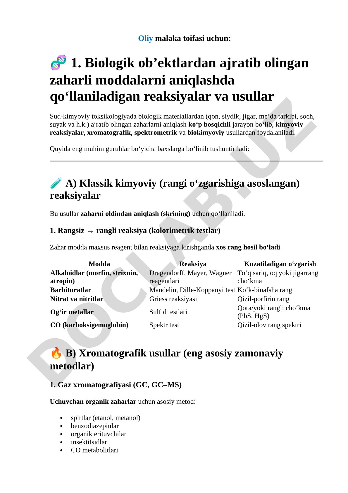 Biologik ob’ektlardan ajratib olingan zaharli moddalarni aniqlashda qo‘llaniladigan reaksiyalar va usullar