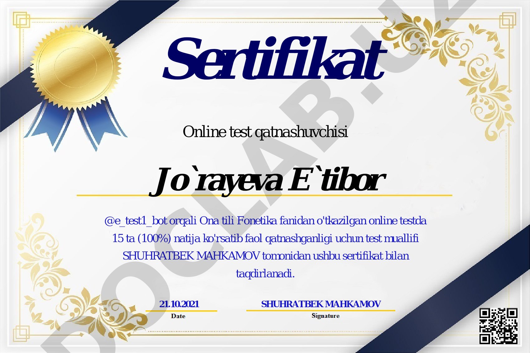 Ona tili Fonetika fanidan online test sertifikati