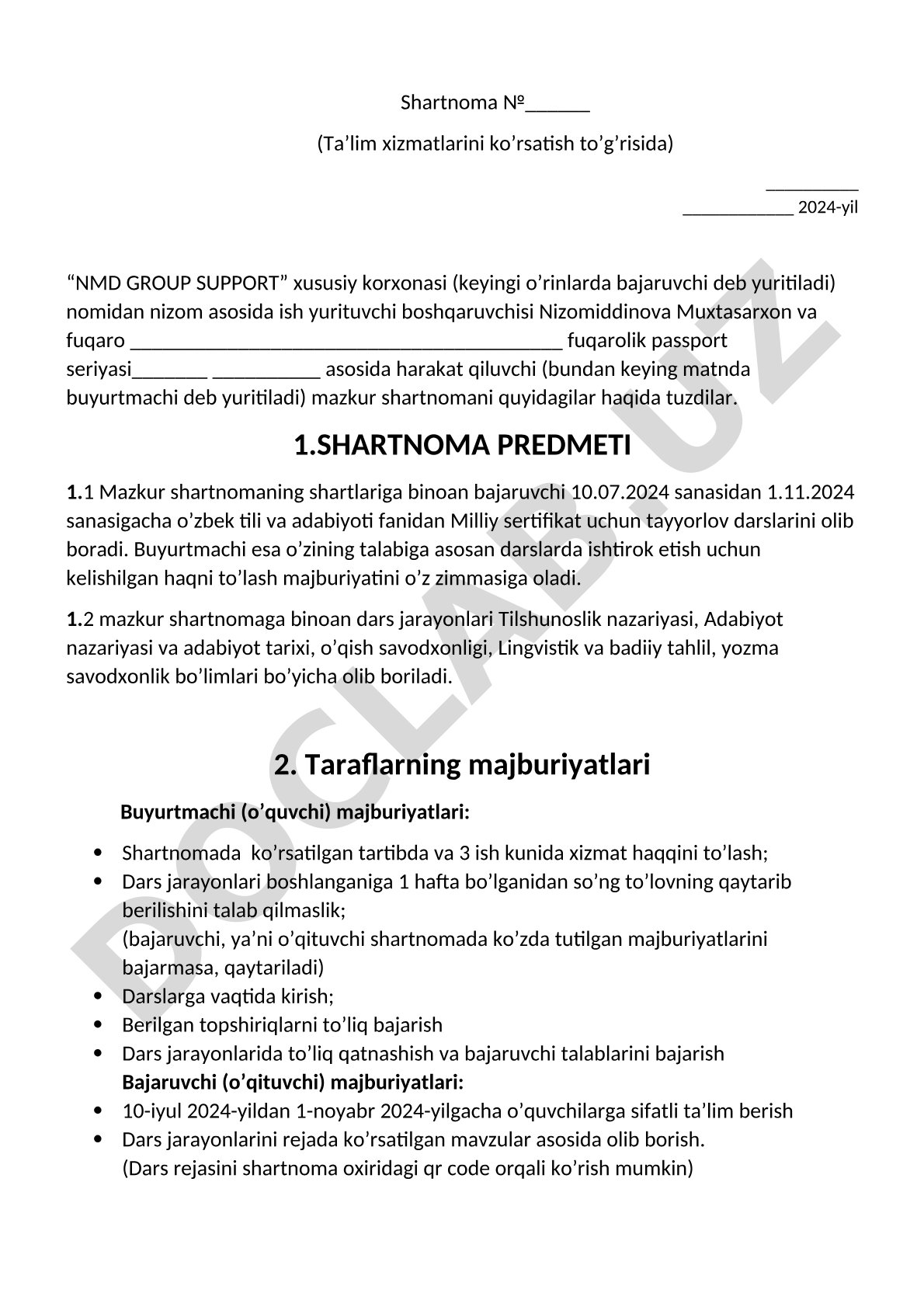 Ta'lim xizmatlarini ko'rsatish to'g'risidagi shartnoma