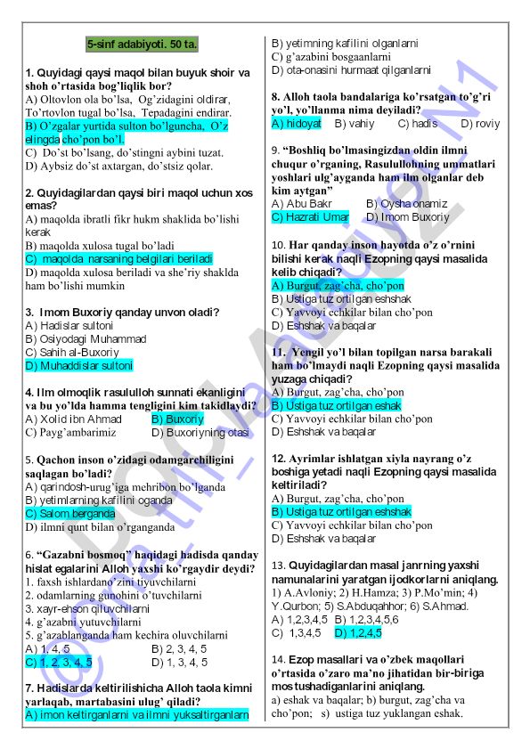 5-sinf adabiyoti test savollari