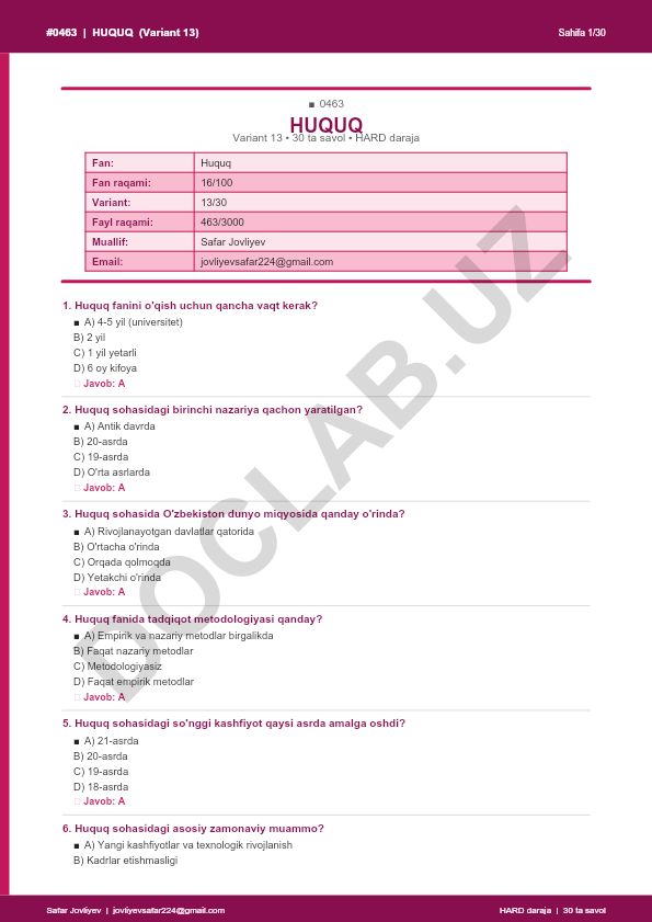 Huquq fanidan test savollari (Variant 13)
