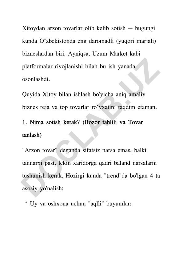 Xitoydan tovar olib kelib sotish biznes rejasi