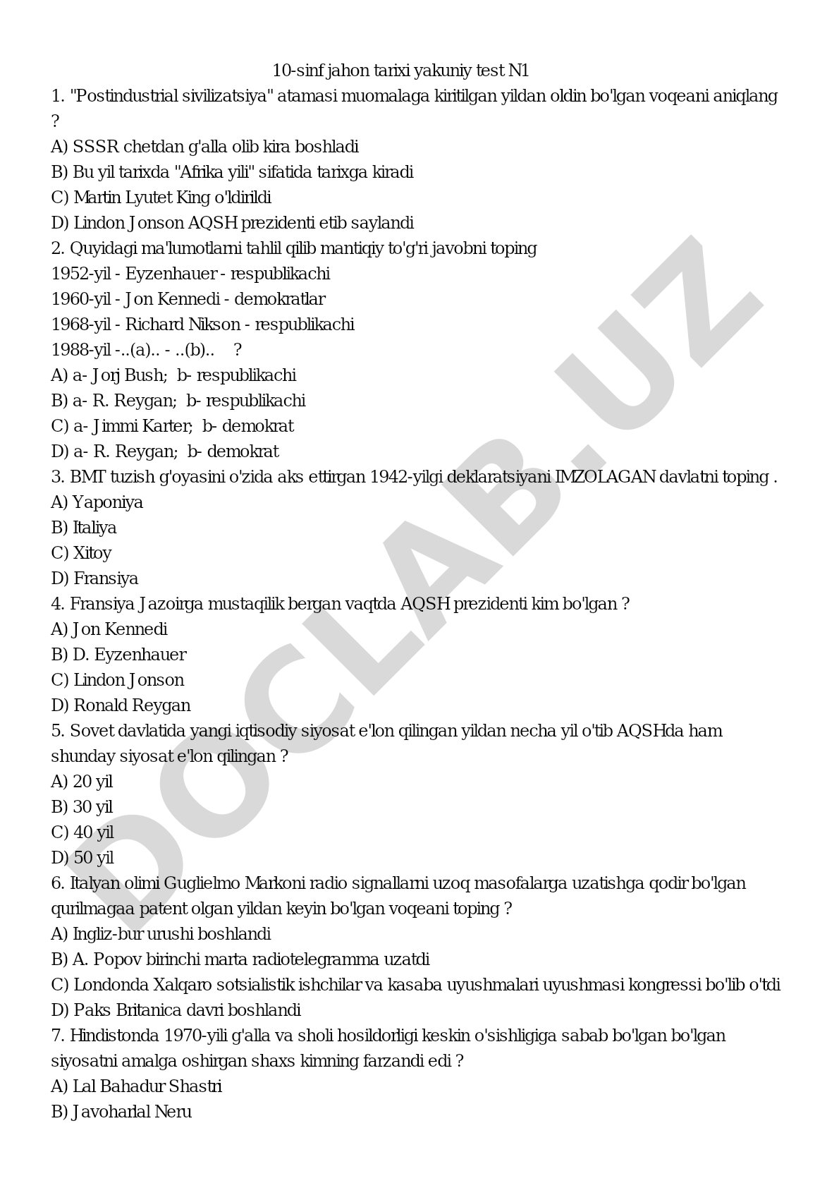 10-sinf jahon tarixi yakuniy test N1