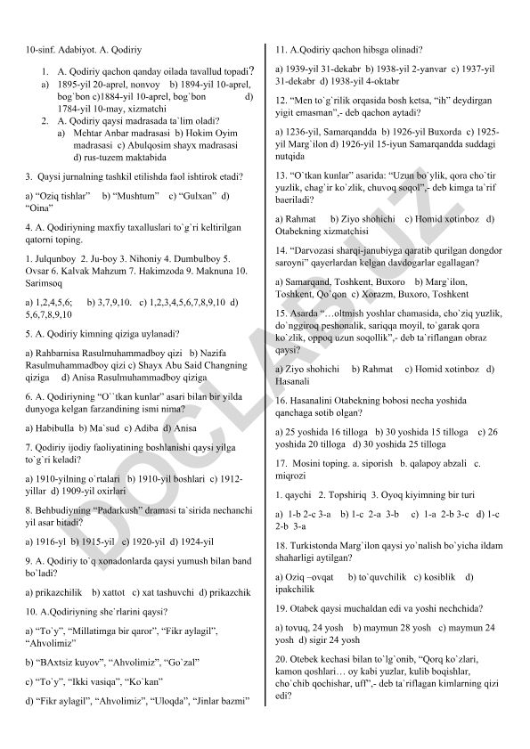 A. Qodiriy hayoti va ijodi bo'yicha test savollari