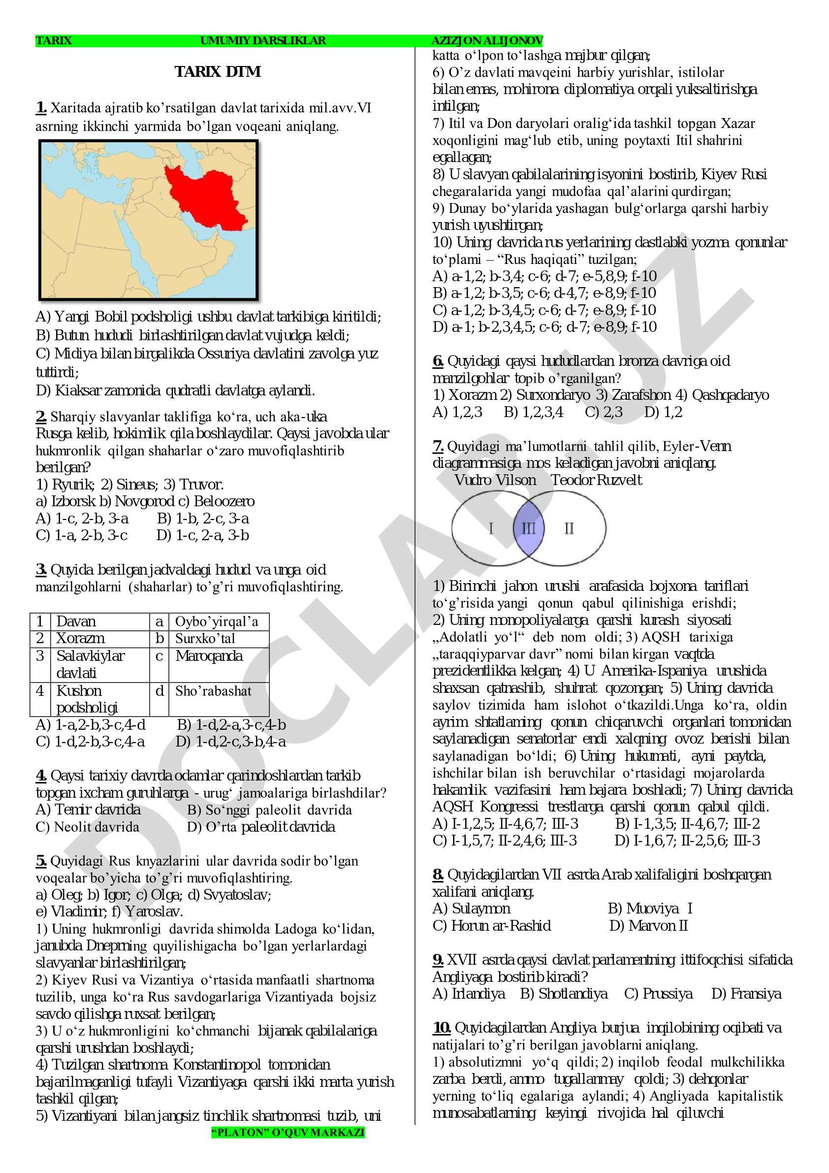 Tarix fanidan test savollari