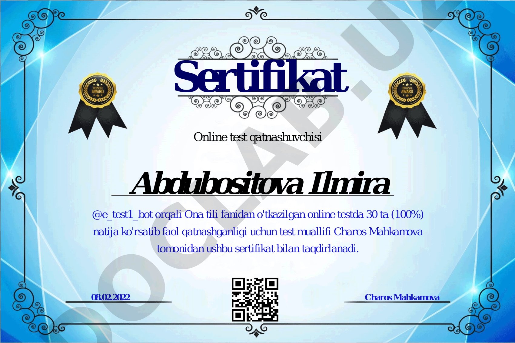 Online test sertifikatlari