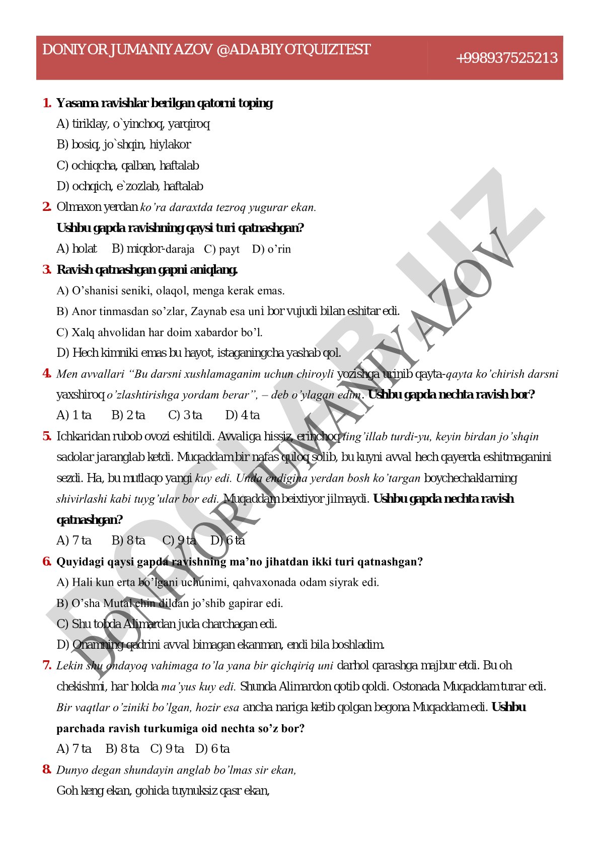 Ona tili va adabiyot fanidan test savollari