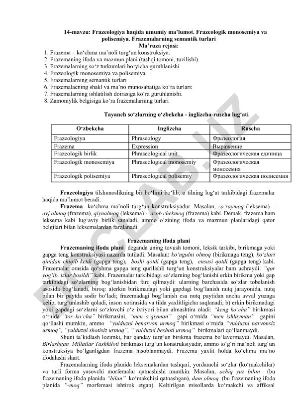 Frazeologiya haqida umumiy ma'lumot. Frazeologik monosemiya va polisemiya. Frazemalarning semantik turlari