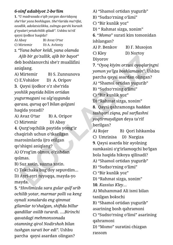 6-sinf adabiyot fanidan test savollari