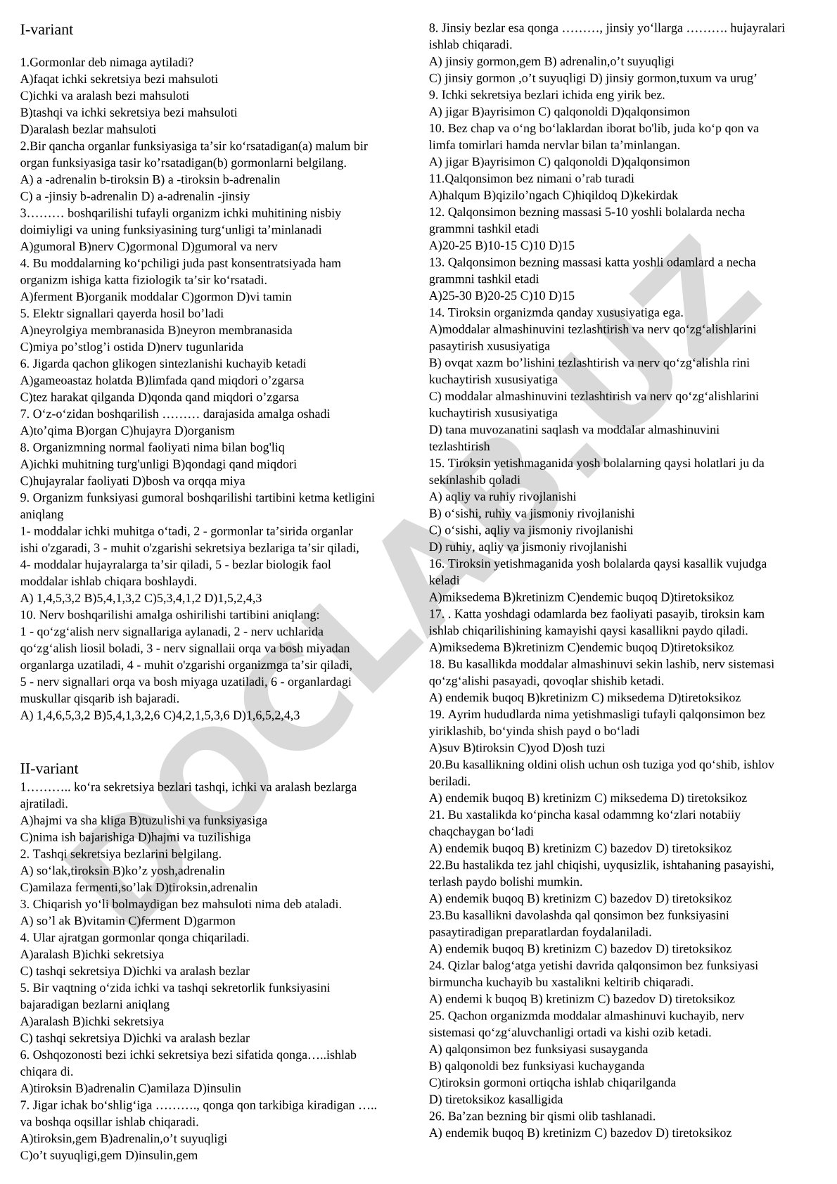 Gormonlar va ularning organizmdagi roli