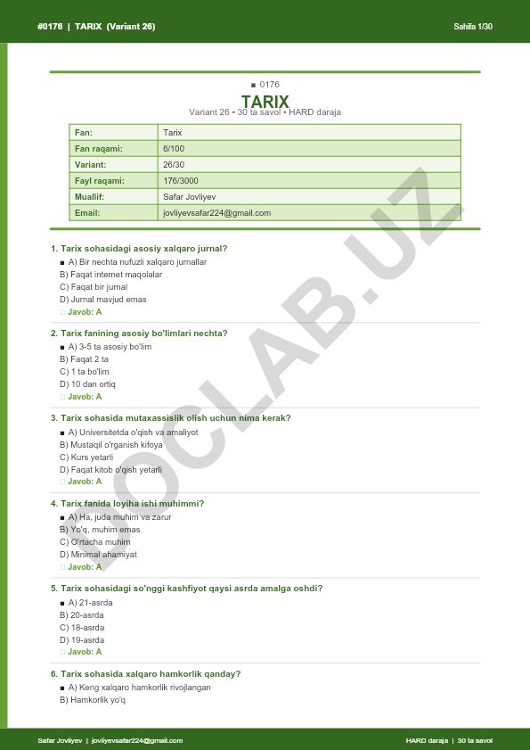 Tarix fanidan test savollari (Variant 26)